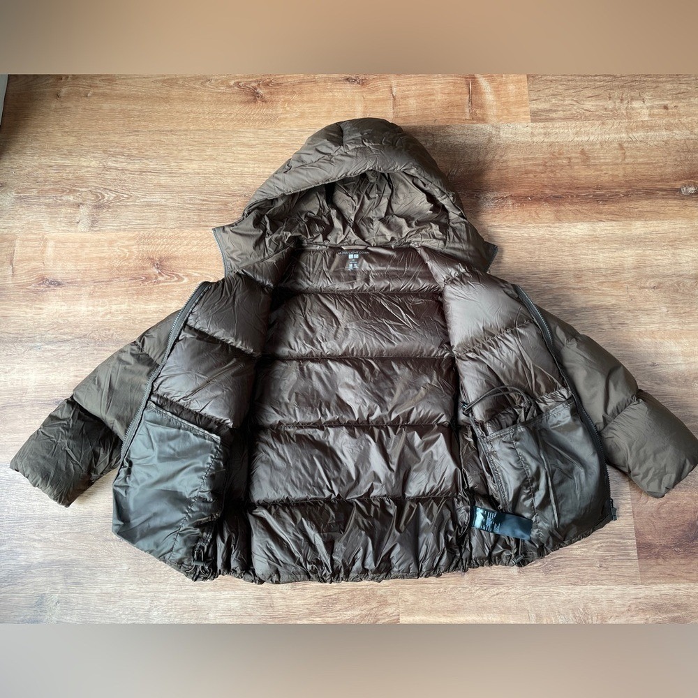 Uniqlo Lightweight Packable Puffer Jacket Down Womens XS Hooded Brown Short - Picture 8 of 12